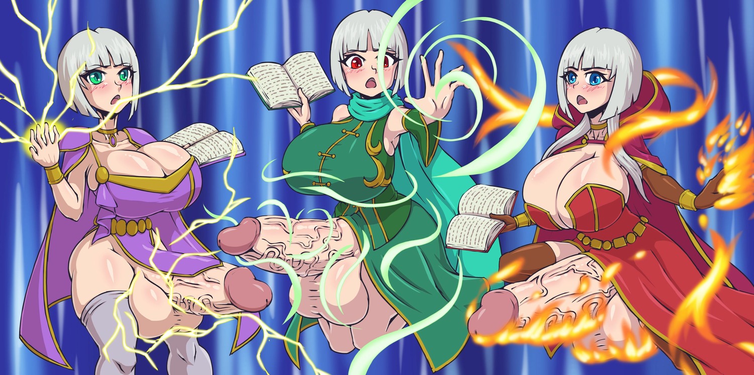 blue_eyes book bosomancer cleavage elemental_manipulation eliu fetra fire fire_emblem:_genealogy_of_the_holy_war futanari girthy green_eyes huge_breasts huge_cock lightning mage red_eyes sisters vampa veiny_penis white_hair wind